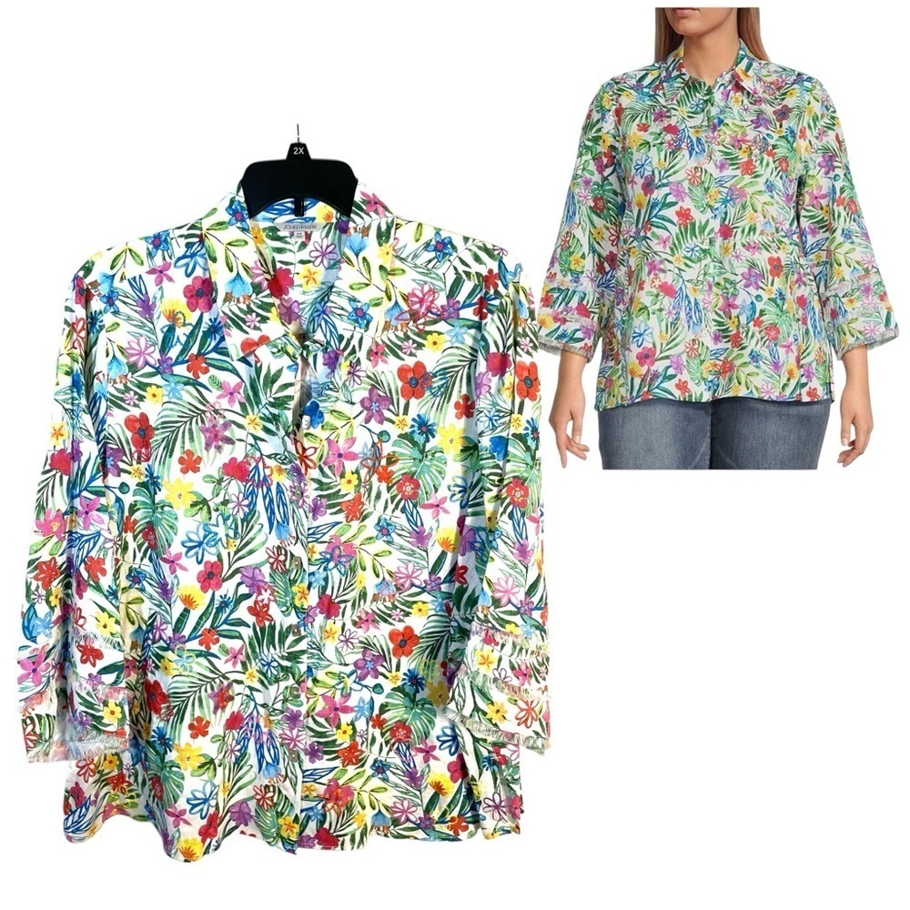 NEW John Mark 100% Linen Women 2X Tunic Shirt Top Colorful Floral 3/4 Sleeve